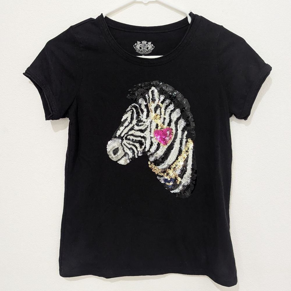 Juicy Couture Girl's Black T-shirt Sequin Sparkle Zebra Pink Heart XL 12/14